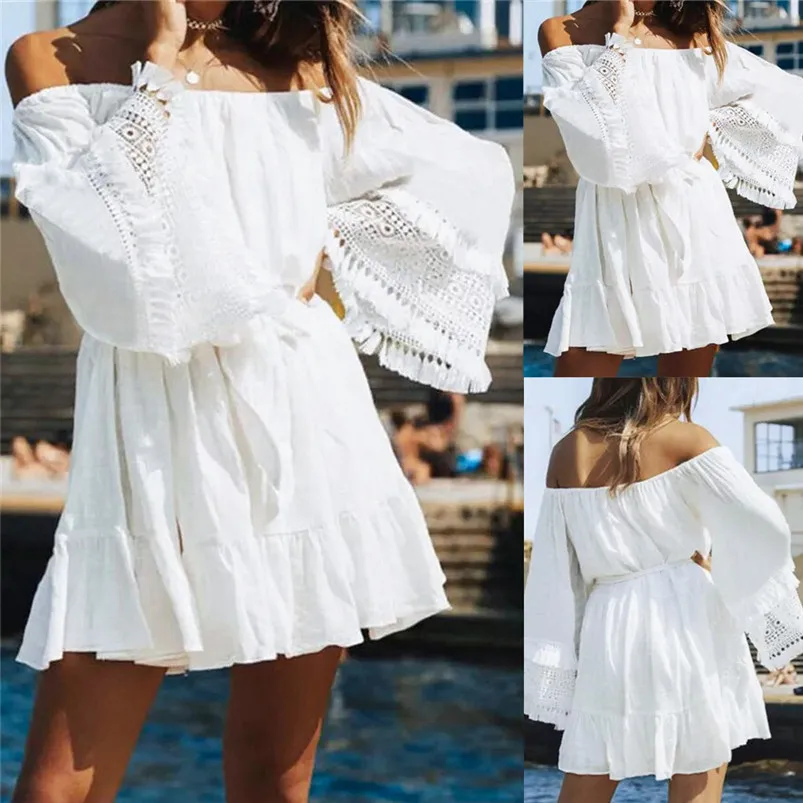 Fashion Womens Sexy Off Shoulder White summer dress Splicing Cotton and linen Lace Party Mini Dress beach dresses vestidos L09 (1)