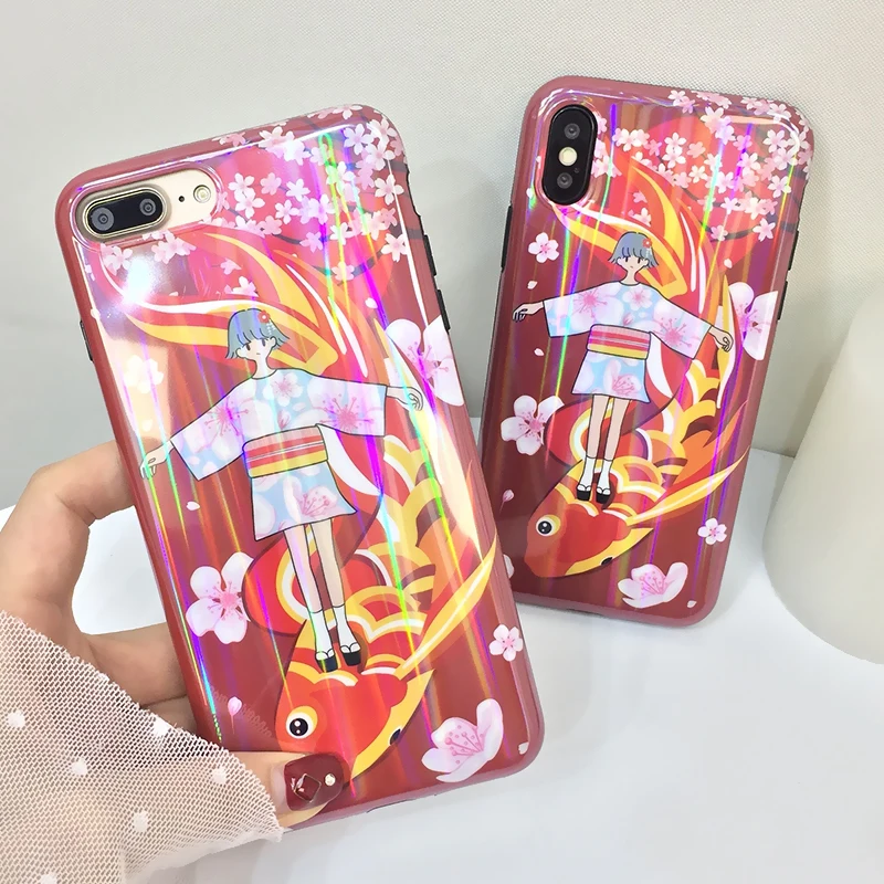 

Luxury Glossy Laser IMD Soft Silicone Cover for iPhone case 7 8 Plus X 6 6S Cute Cartoon Brand Japan Girl Fish Romantic Capa