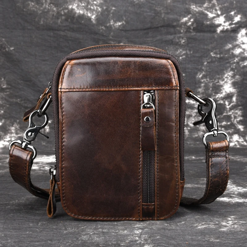 

Oil Wax Cowhide Men's Hip Belt Hook Waist Fanny Bags Genuine Leather Purse Vintage Male Sling Messenger Crossbody Shoulder Bag