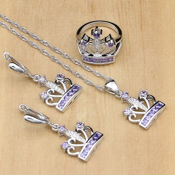 

Crown Silver 925 Jewelry Purple Zircon White Crystal Jewelry Sets For Women Earring/Pendant/Ring/Necklace Set