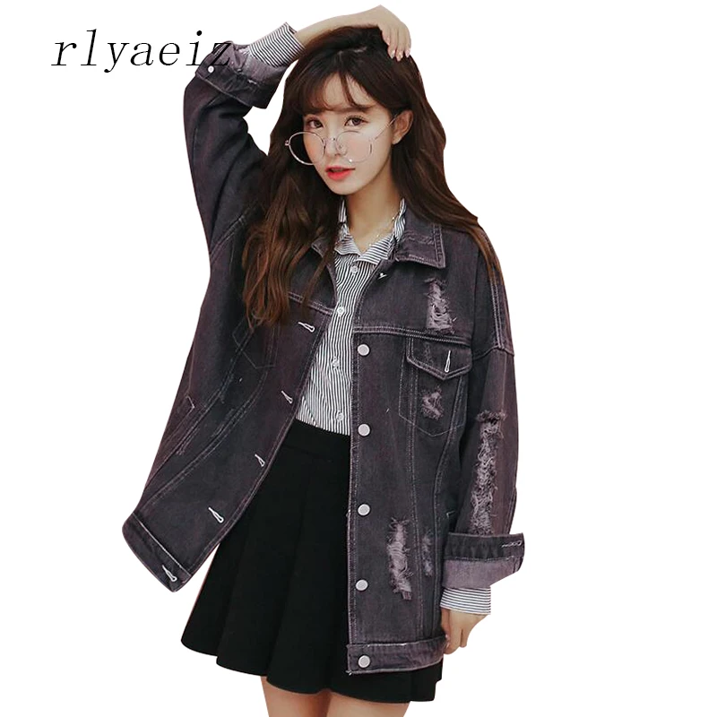 

RLYAEIZ Denim Jacket Women 2017 Fashion Hole Jeans Jacket Overcoat Vintage Turn-down Collar Loose Black Basic Jackets Clothing