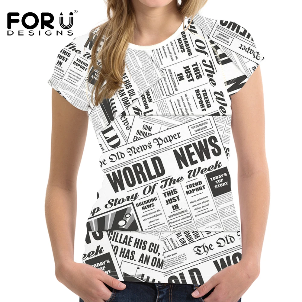 FORUDESIGNS Short Sleeved T shirt for Women 2018 Newspaper Pattern