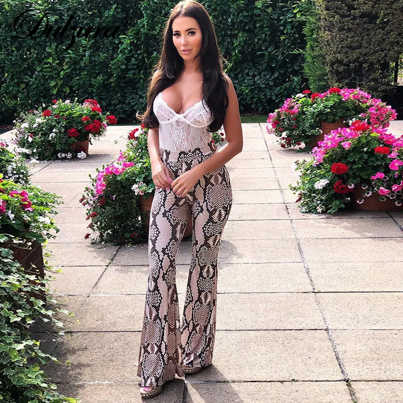 Najtaniej Dulzura nadruk węża bez rękawów top typu crop tank wysokiej talii spodnie flare bell bottom spodnie 2019 sexy kobiety ubrania 2 sztuk zestaw