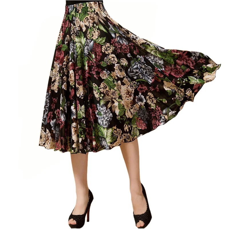 

Summer skirt casual beach wind large size elastic waist ice silk sundress dance skirt A line skirt