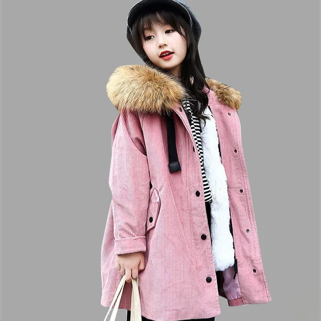 Children's Winter Jackets For Girls Hooded Thick Fur Girls Coat Solid