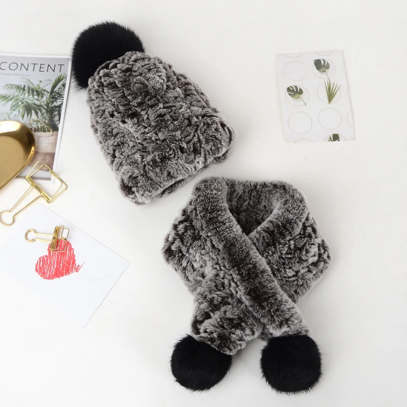 Детская натуральная шапка из меха кролика Рекс, зимний теплый шарф, шапка для детей, вязаные шапочки, шапки с меховыми помпонами