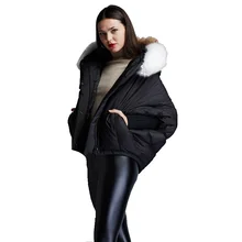 Зимние женские модные короткие пуховики с большим меховым воротником и капюшоном, свободный пуховик с рукавами «летучая мышь», пуховое пальто для женщин, EF6688-18