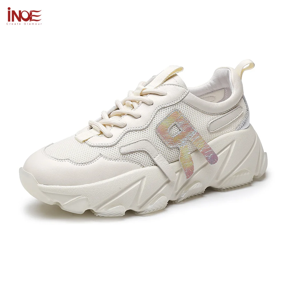 

INOE Genuine Leather Women Spring Casual Shoes for Women Breathable Fashion Autumn Sneakers for Walking Beige Black Platform