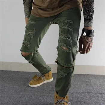 

Autumn Fashion Blue men's jeans ripped pants Punk Rock style elasticity casual Holes trousers cool stretch man denim pants