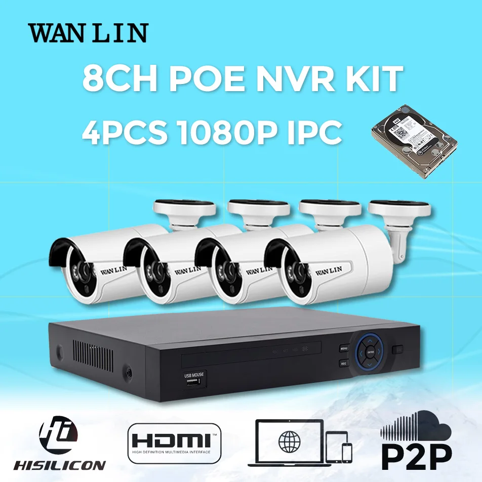  WAN LIN 8CH 2MP POE NVR With 4PCS Outdoor 1080P 2.0MP Full HD POE IP Cameras 8CH POE NVR Set CCTV Kit Security System 