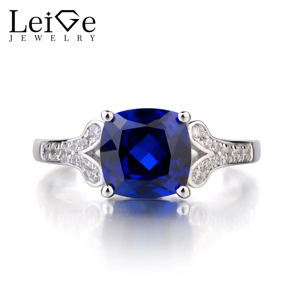 Leige Jewelry Solid 925 Sterling Silver Sapphire Ring Gemstone September Birthstone Cushion Cut Engagement Ring Gifts for Her