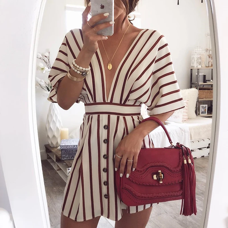 

2019 Summer New Fashion Women Dress Elegant Striped Half Sleeve Sexy Dresses Deep V-Neck Button Vintage Mini Female Vestidos