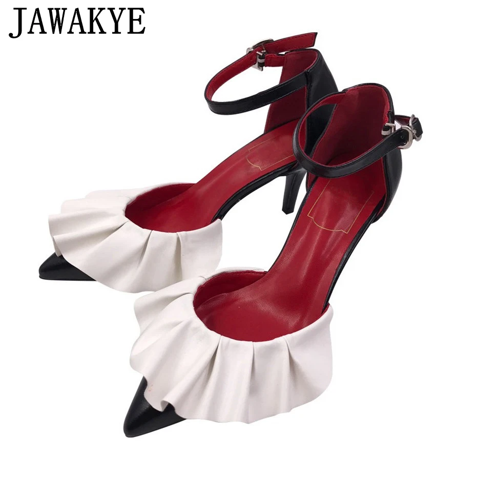 

JAWAKYE Elegent Big Ruffles Pointed High heels Shoes Women Patchwork Strap Comfortable Women Pumps luxury shoes women designers