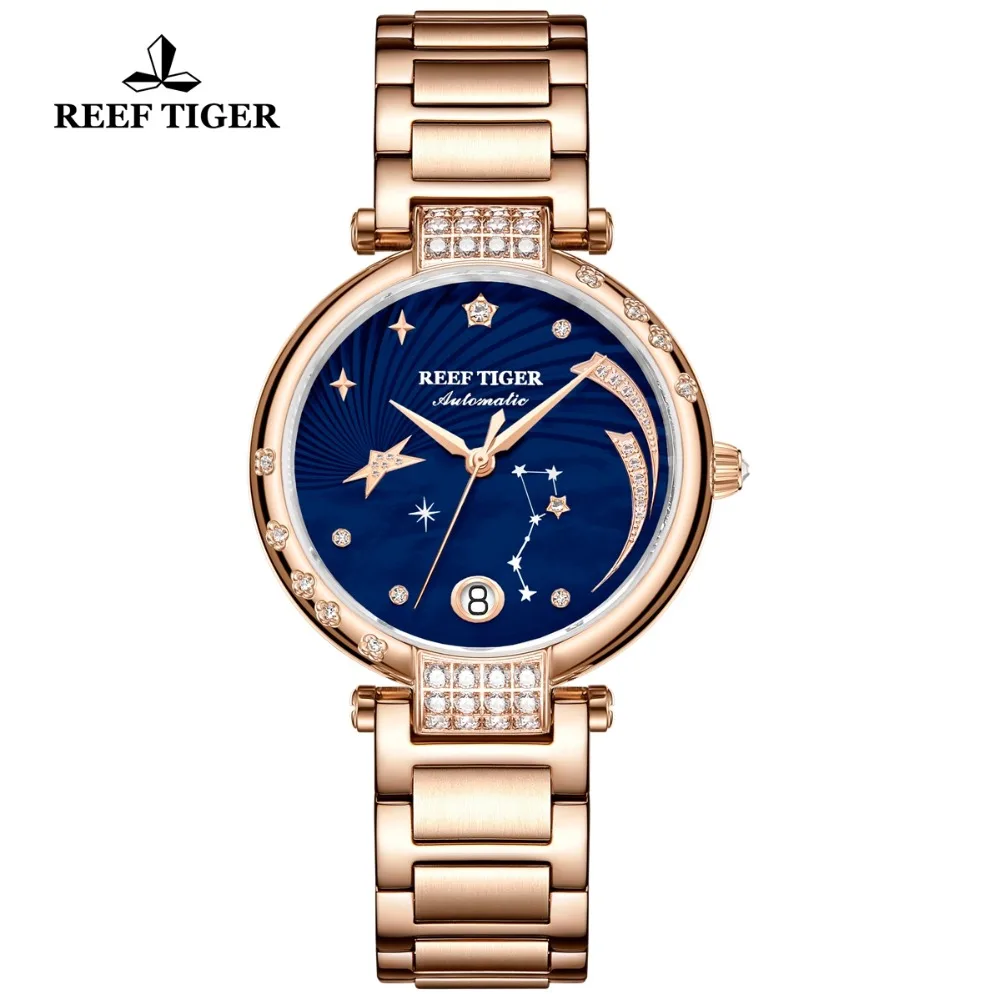 Reef Tiger/RT Роскошные модные автоматические часы для женщин, розовое золото, бриллиантовый синий циферблат, женские часы-браслет Love Galaxy RGA1592