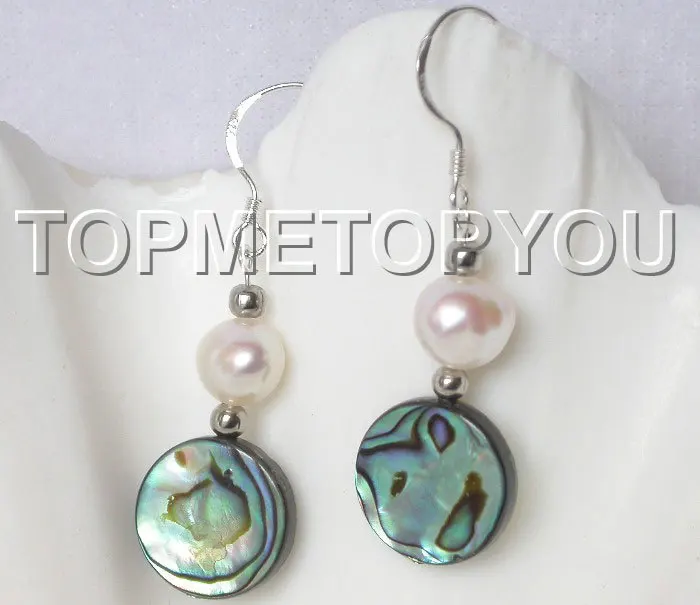 

wholesale Charming! 12mm coin Abalone shell white pearls earrings 925ss