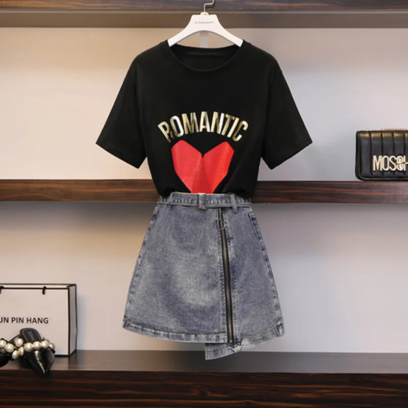 

2019 New Summer Fashion Women's Sets All-match Embroidery Short Sleeve T-shirts + Irregular Hole Denim Skirt Students Suits