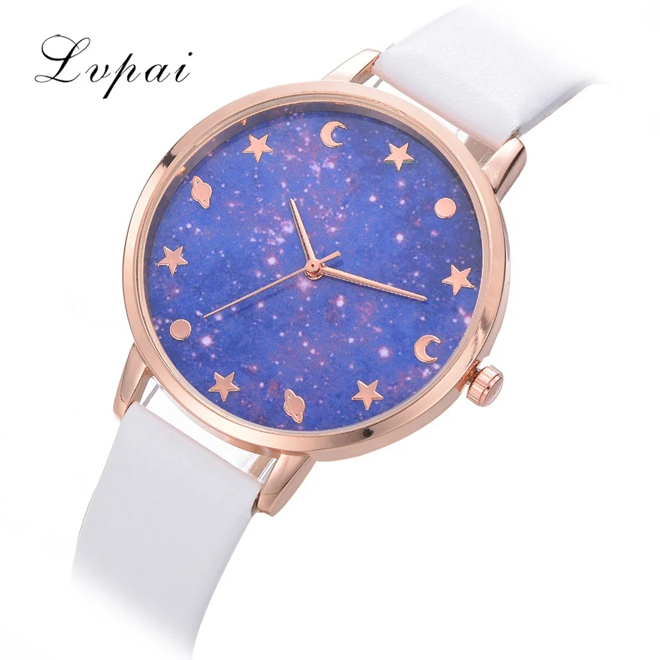 

Lvpai Brand Leather Watches Women Starry Sky Blue Dial Simple Quartz Wristwatch Ladies Fashion Rose Gold Clock Relogio Feminino