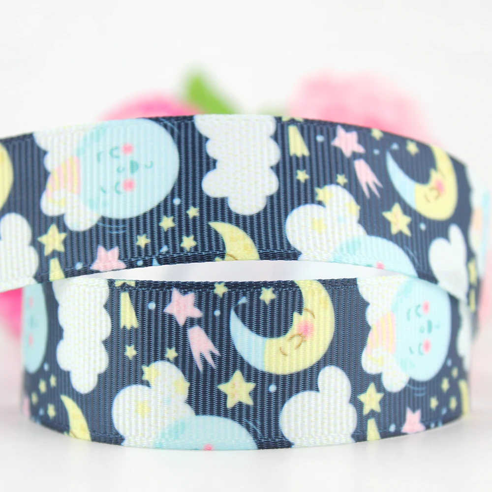 

Lovely Navy 7/8" Cartoon moon stars printed 22mm grosgrain ribbon 10 yards DIY baby bows band sewing fabric ribbons