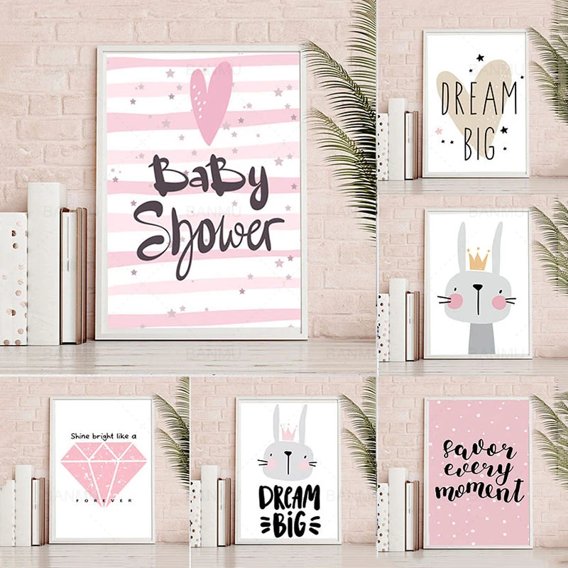 

Nordic Watercolor Wall Art Poster Cartoon Pink Rabbit Crown Prints Art Canvas Painting For Living Room Home Decor no Frame