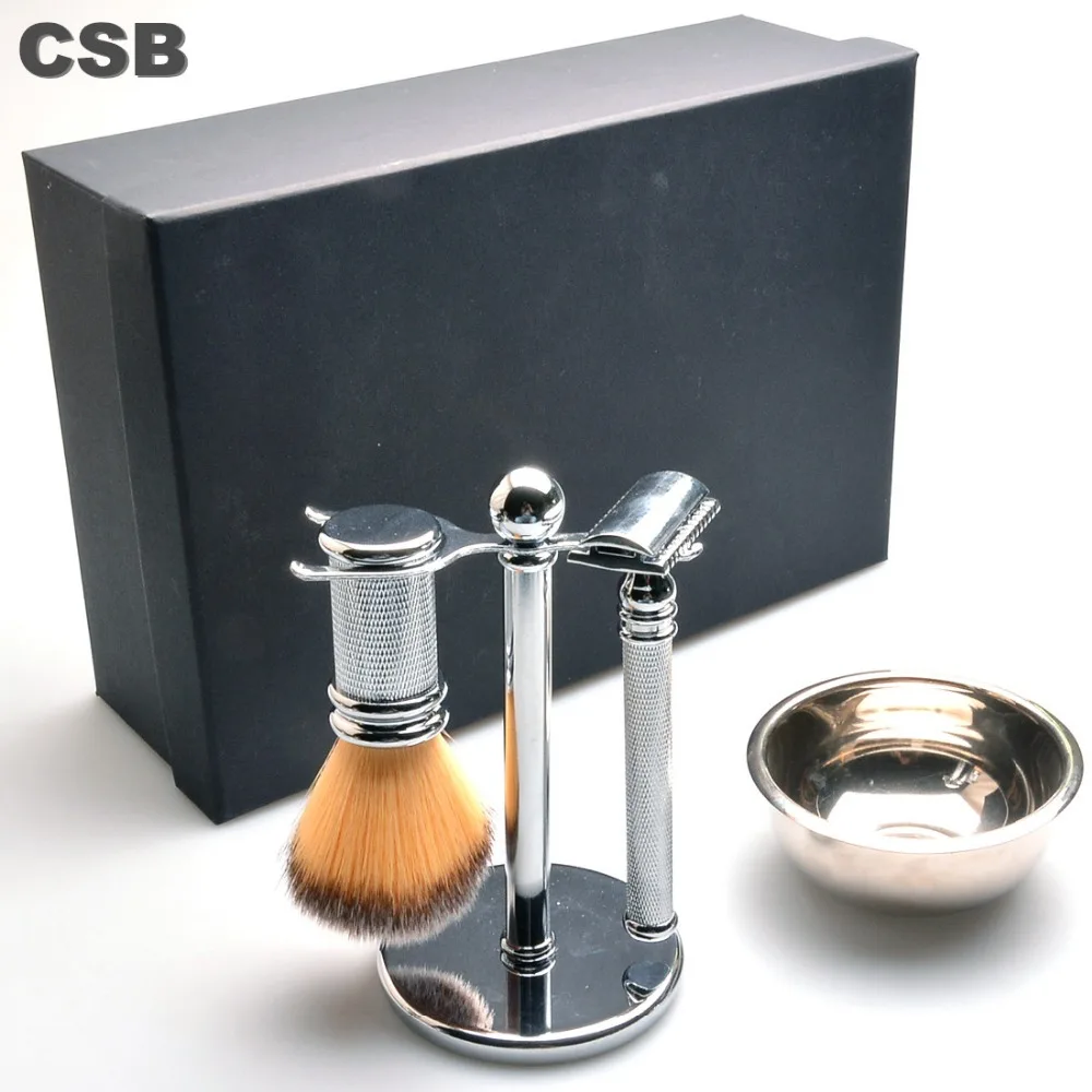 

CSB Men Luxury Shaving Gift Set Double Edge Safety Razor+Synthetic Hair Shaving Brush+shave Stand+Mug Bowl Grooming Kit