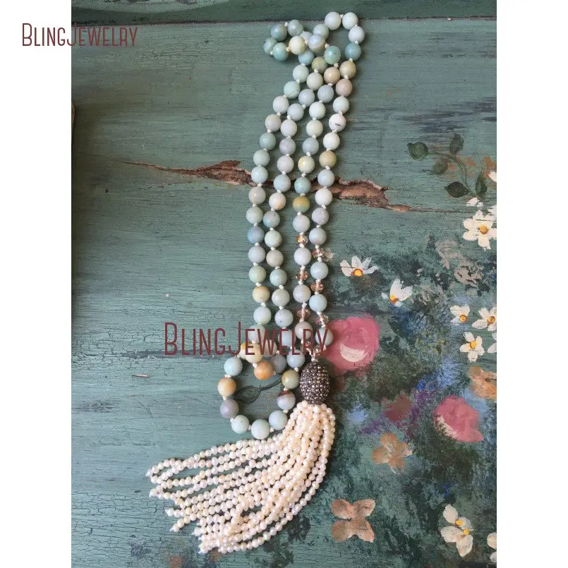 

Boho chic Knot Mint Beads Necklace Small Pearls Beads Tassel Necklace Layering Necklace NM23766