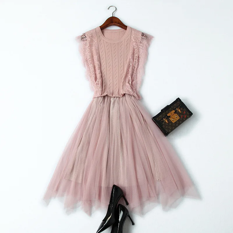 

Skirt Set Women 2019 New Spring Summer Hollow Out Lace Sleeveless Elastic Knitted Top + Elastic Waist Midi Mesh Skirt Suits