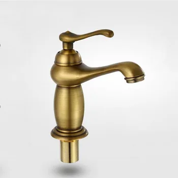 

European Retro Brass Brushed Wash Basin Hot And Cold Faucet, Kitchen Bathroom Single Handle Single Hole Sink Mixing Tap
