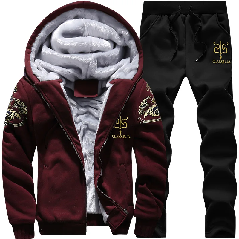 

New Brand Fleece Thick Tracksuit Pants Male Spring Warm Hooded Sporting Suit Mens Sportswear Winter Men Two Piece Sets