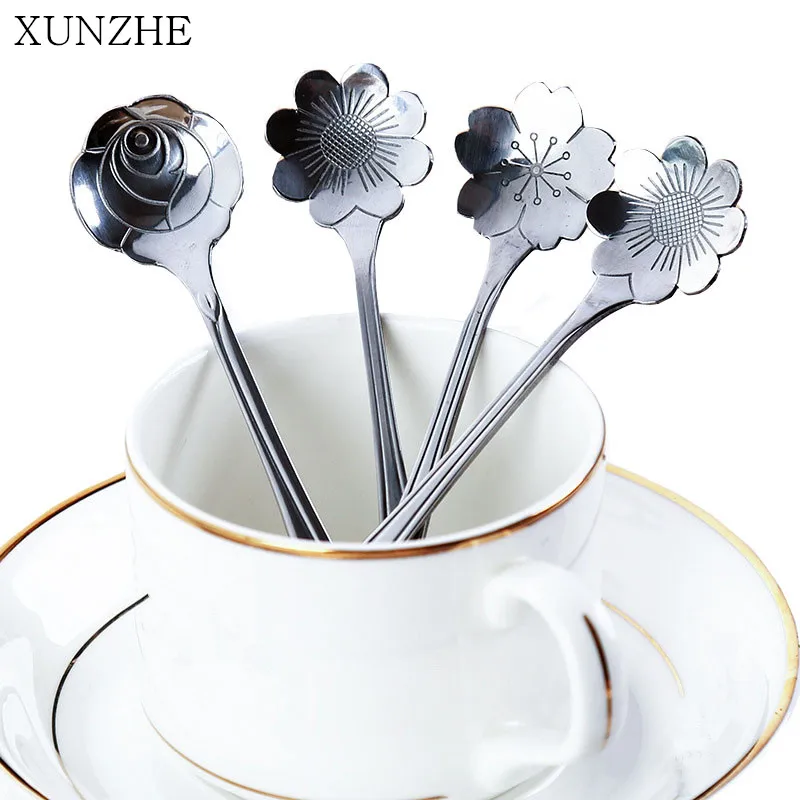 

XUNZHE 3PC Kitchen Creative Coffeeware Flower Shape Stainless Steel Coffee Spoons Ice Cream Mixing Spoon Elegant Dessert Spoon