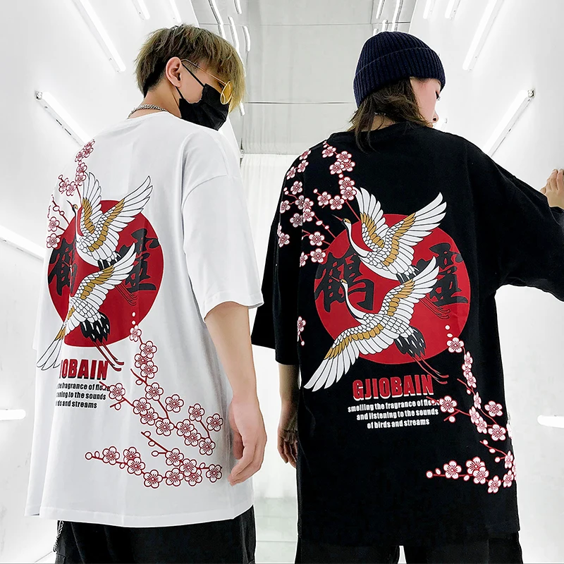 Харадзюку, черная, розовая футболка с принтом Журавля, мужские футболки, летняя хип-хоп толстовка, футболки хип хоп, большие размеры