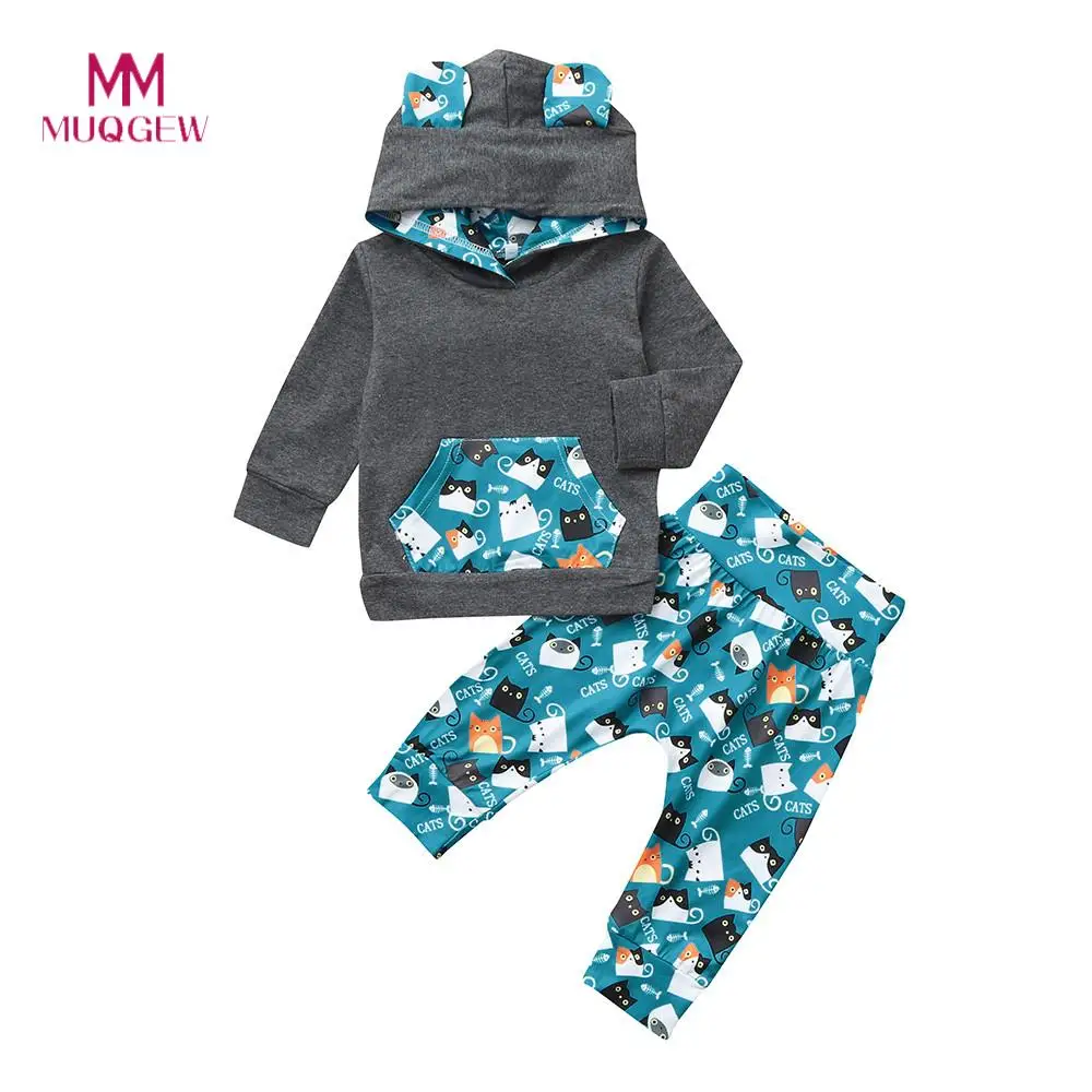 

Lovely Gifts Baby Children Clothing Set Long Sleeve Hooded Cotton Infant Boys Girls Animal Print Hooded Tops Pants Outfits Set