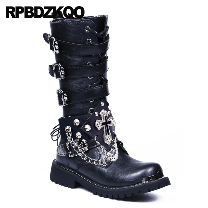 Мужские кожаные высокие ботинки в байкерском стиле; роскошные ботинки с заклепками в стиле рок, металлик, Панк; высококачественные черные ботинки в стиле милитари