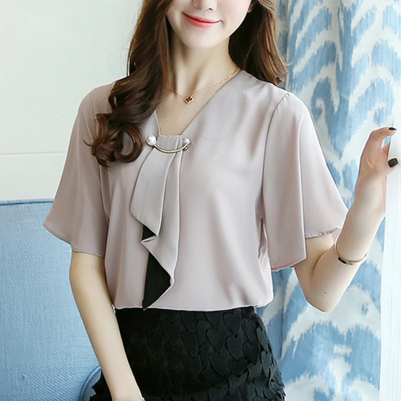 

Chiffon Blouses 2018 Spring Fashion Chiffon Short Sleeved Blouses Plus Size Casual Women Tops Simple Women Clothing H0128