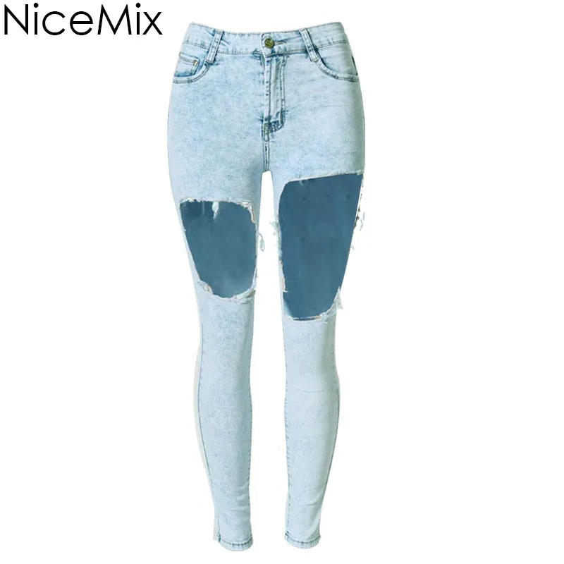 NiceMix, большие размеры, джинсы, женские джинсы с высокой талией, повседневные Асимметричные рваные джинсы, джинсовые штаны с дырками, сексуальные женские брюки и джинсы - Цвет: Небесно-голубой