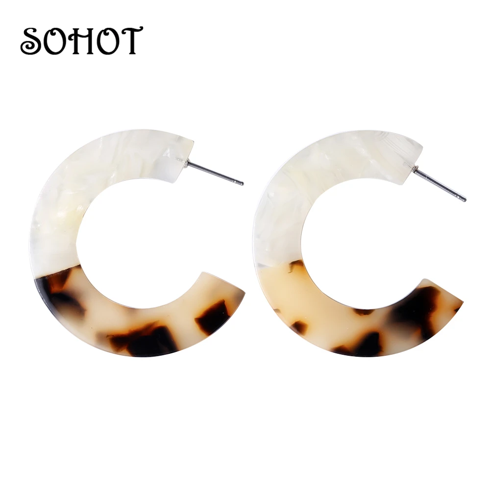 

SOHOT Trendy C Shape Stitching Color Round Hoop Earrings Temperament Women Tortoise Shell Bijoux Statement Party Lover Jewelry