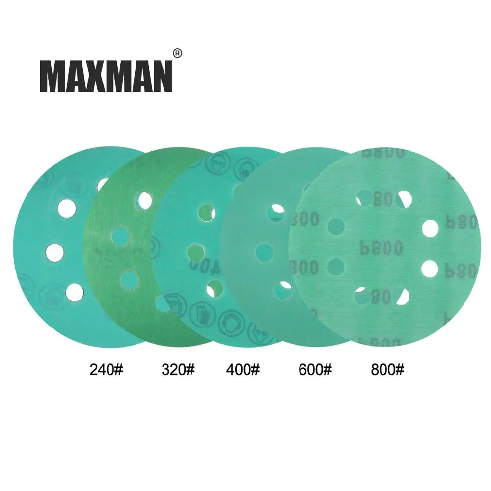 MAXMAN 10 шт. 5 дюймов 125 мм круглая наждачная бумага восемь отверстий 60-2000 гритс зеленая пленка шлифовальный диск Флокирование водный Песок