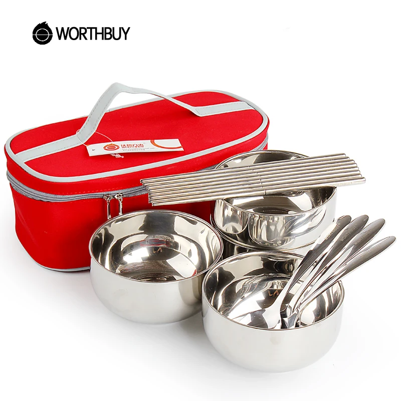 

WORTHBUY Chinese Portable Dinnerware Set With Stainless Steel Tableware Set Portable Bag For Family Kids Camping Picnic Set