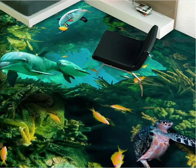 

self adhesive wallpaper Custom 3d floor wallpaper Dolphin mother and son wallpapers for living room 3d floor tiles
