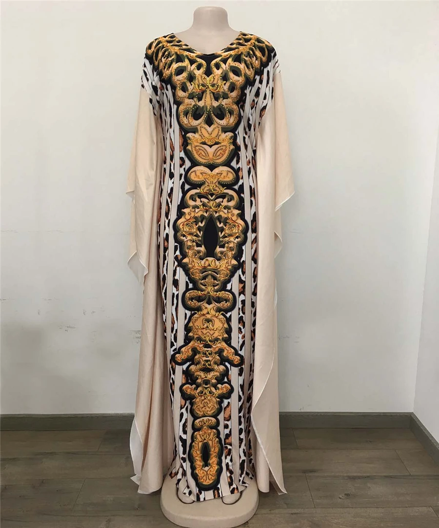 BAIBAZIN New African Dress Hot Sale Digital Printing Leopard Point Stripe V-neck Slim Side Lotus Leaf Hot Drilling
