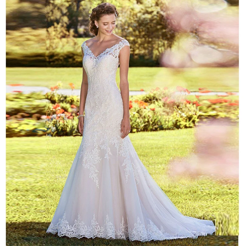 

Verngo Elegant Mermaid Wedding Dresses Lace Appliques Wedding Gowns Illusion-back Bride Dress Boho Wedding Dress Robe Mariage