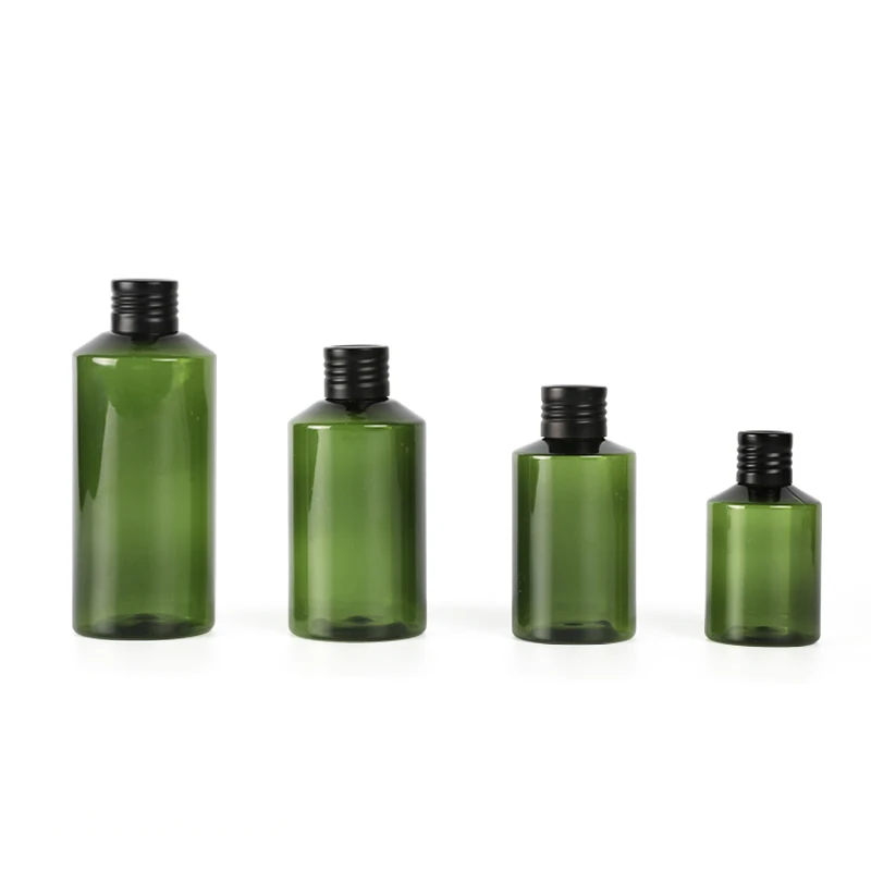 

24 pcs 50ml 100ml 150ml 200ml blackish green empty cosmetic plastic containers with black aluminum screw cap, toner water bottle