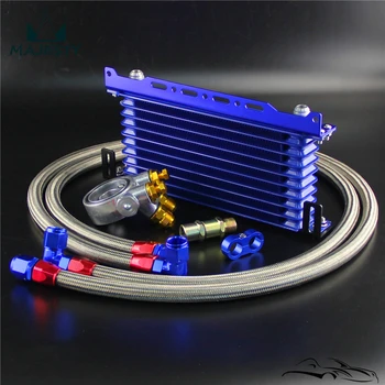

10 Row Oil cooler w/ Mounting Bracket+176F /80 Deg Thermostat Adapter Hose Kit Blue