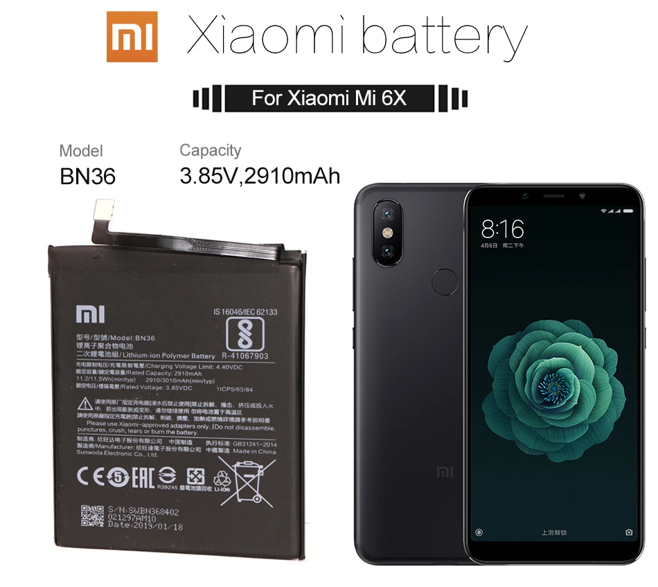 Оригинальный аккумулятор для телефона Mi6X MiA2 батарея Xiaomi Mi 6X A2 BN36 батареи