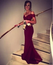 Cheap Burgundy mermaid prom dress off the shoulder lace appliques evening dress backless party gown robe de soiree