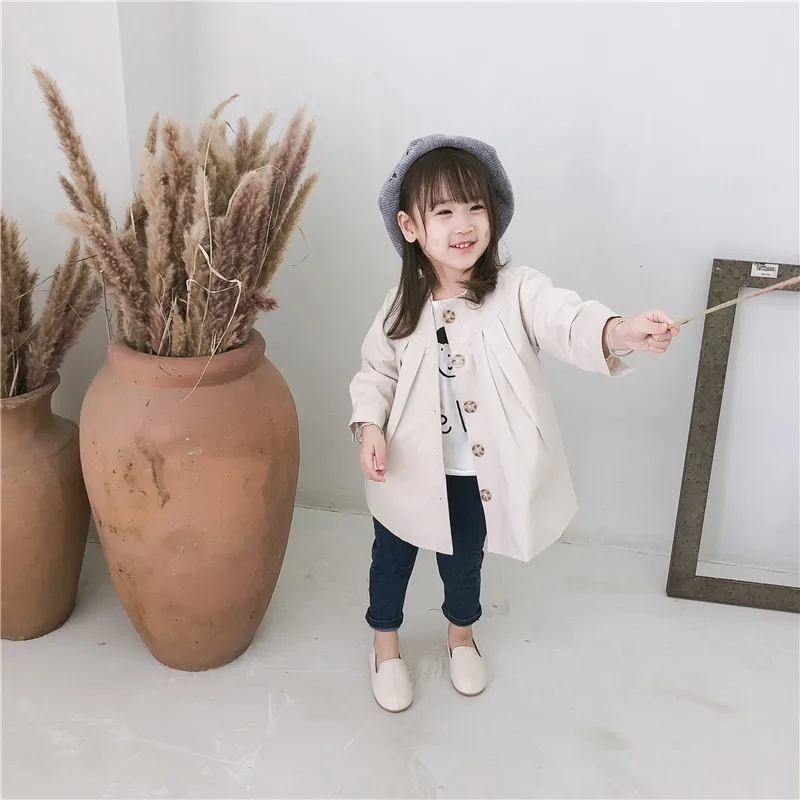 

Autumn cute baby girls round collar cotton fashion long Coats kids solid color single-breasted long wind jacket children clothes