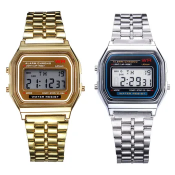 

High Quality 2PC New Brand Quartz Watches Luxury Gold & Silver Stainless Steel Digital Alarm Stopwatch Wrist Watch for Gift