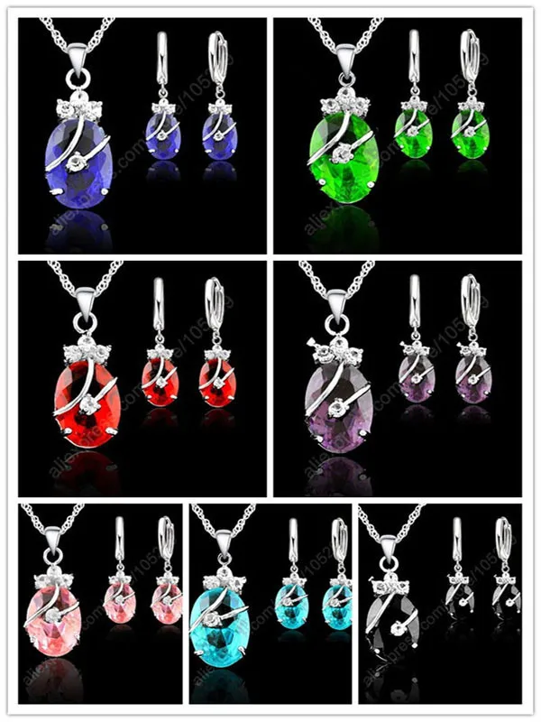Новая мода 7 цветов тонкий Овальный Кристалл 925 пробы серебряные ювелирные изделия набор кулон ожерелье серьги Ювелирная коллекция