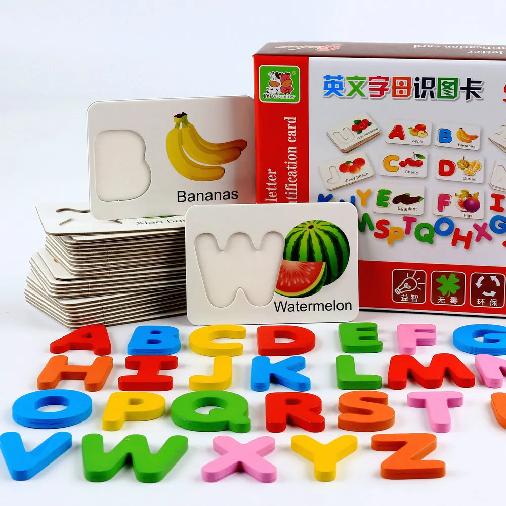 Free shipping Wooden font b Toys b font Fruits and vegetables English alphabet identification Blocks Cognitive