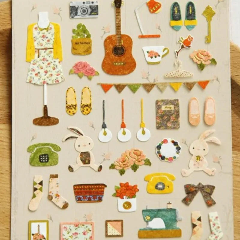 

cute girl's emotion self adhesive scrapbooking kawaii sticker sheet skirt camara shoes rabbit telephone cutting shape