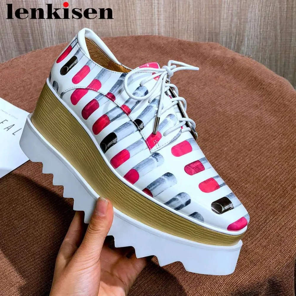 

Mixed color genuine leather wedges high bottom platform woman shoes sweet girl beauty graffiti punk square toe lace up pumps L18